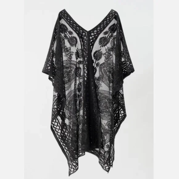 Colornival Swimwear Beach Pool Cover Up Poncho Black V Neck Lace Floral Paisley - Picture 7 of 13